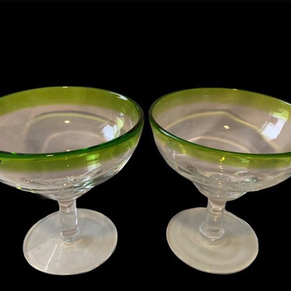 Mexican Hand-Blown Margarita Glasses Clear with Vibrant Green Rim Set Of 2